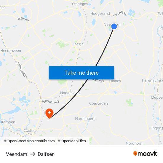 Veendam to Dalfsen map