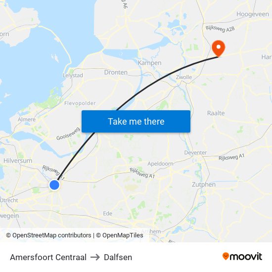 Amersfoort Centraal to Dalfsen map