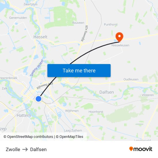 Zwolle to Dalfsen map