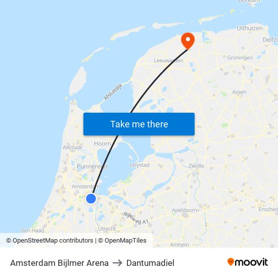 Amsterdam Bijlmer Arena to Dantumadiel map