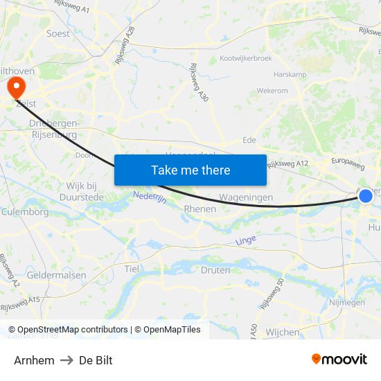 Arnhem to De Bilt map