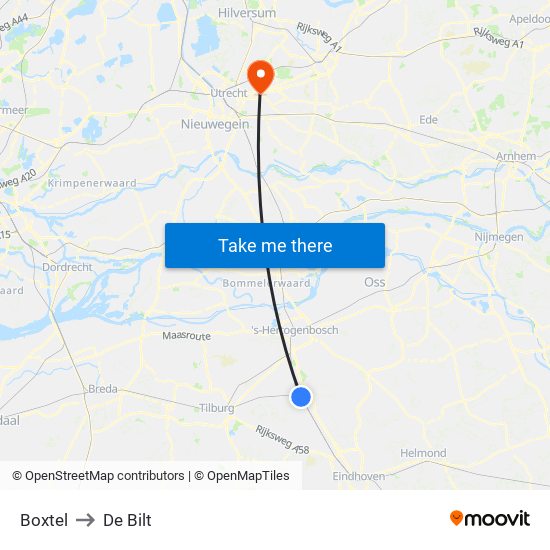 Boxtel to De Bilt map