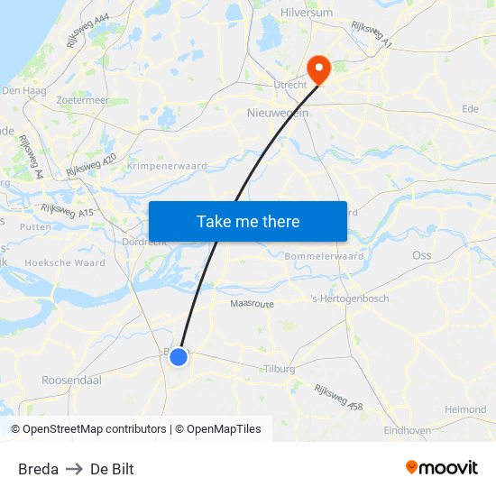 Breda to De Bilt map