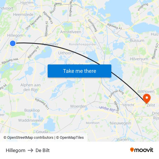 Hillegom to De Bilt map