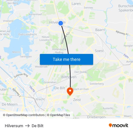 Hilversum to De Bilt map