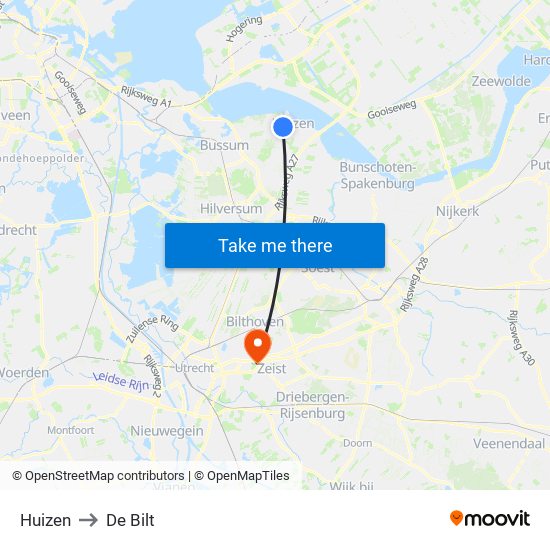 Huizen to De Bilt map