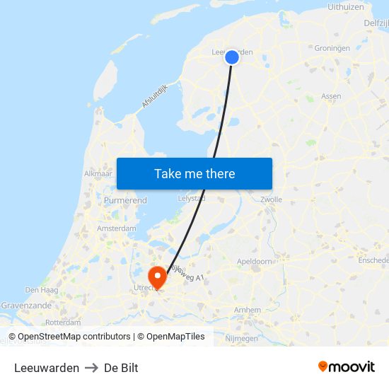 Leeuwarden to De Bilt map