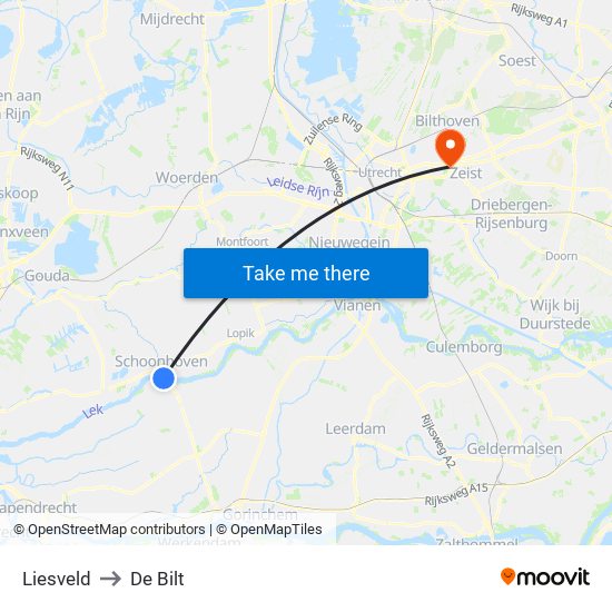 Liesveld to De Bilt map