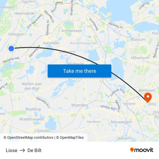 Lisse to De Bilt map