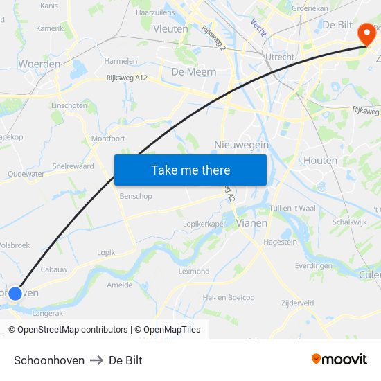 Schoonhoven to De Bilt map