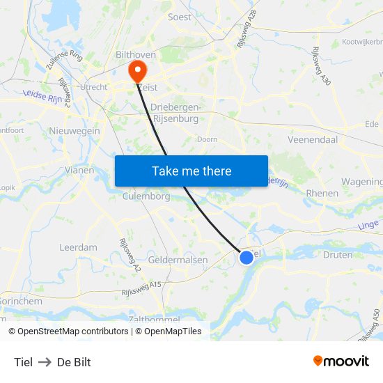 Tiel to De Bilt map