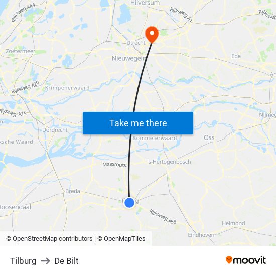 Tilburg to De Bilt map