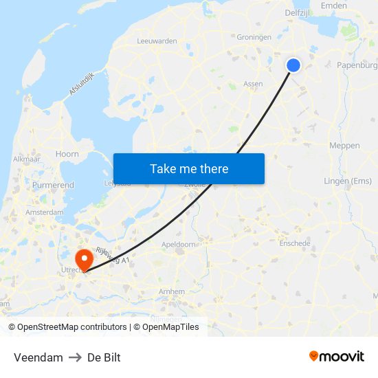 Veendam to De Bilt map