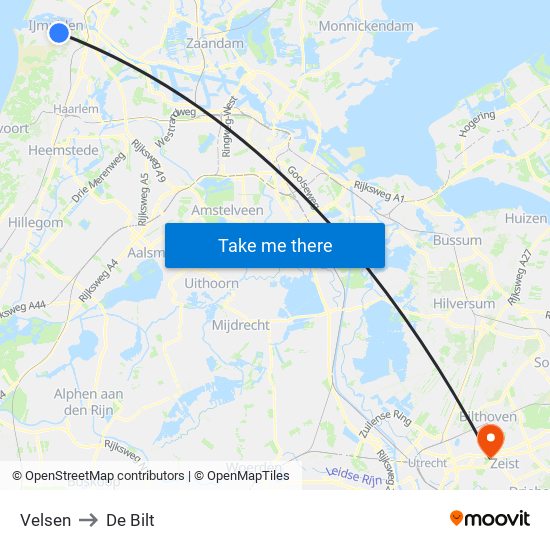Velsen to De Bilt map