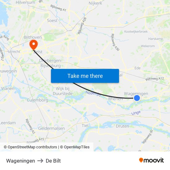 Wageningen to De Bilt map