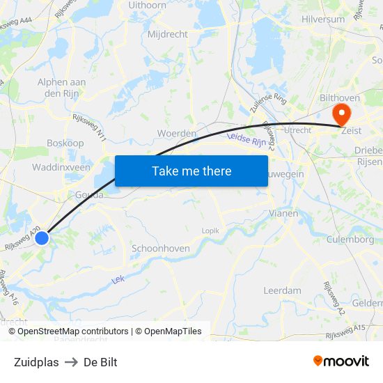 Zuidplas to De Bilt map