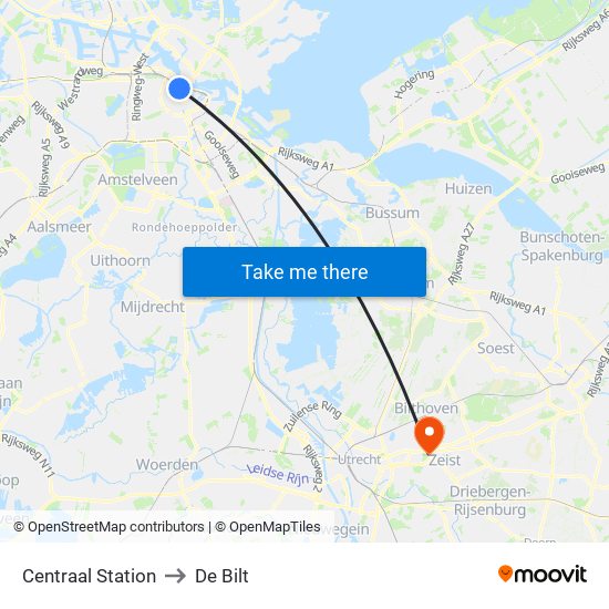 Centraal Station to De Bilt map