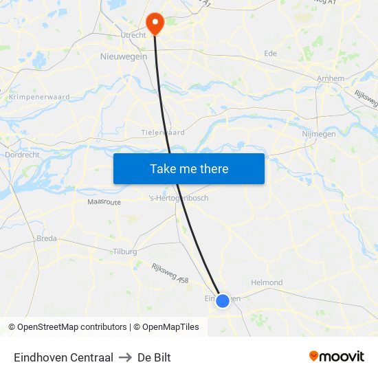 Eindhoven Centraal to De Bilt map