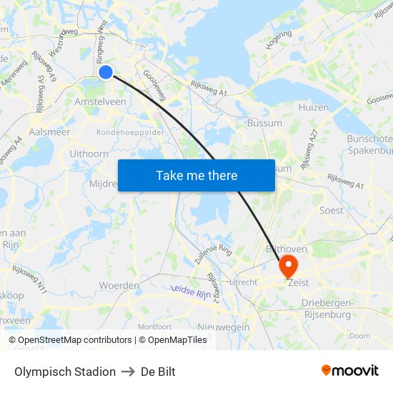 Olympisch Stadion to De Bilt map