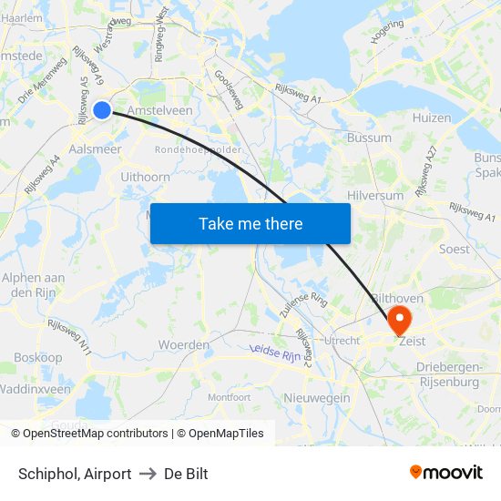 Schiphol, Airport to De Bilt map