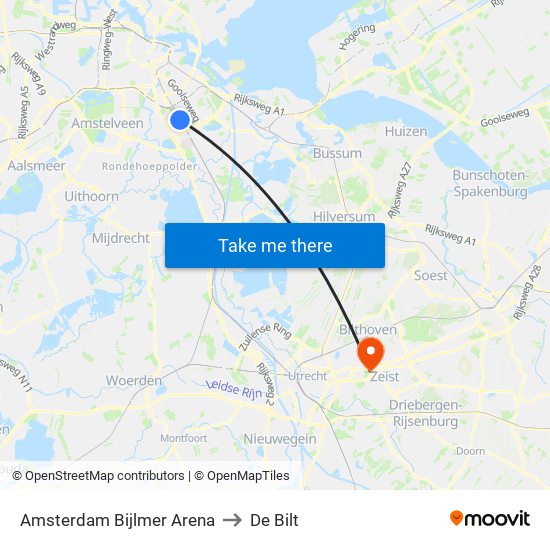 Amsterdam Bijlmer Arena to De Bilt map