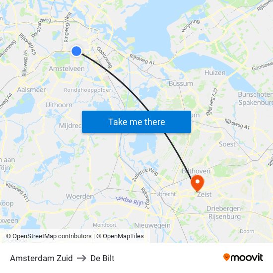 Amsterdam Zuid to De Bilt map