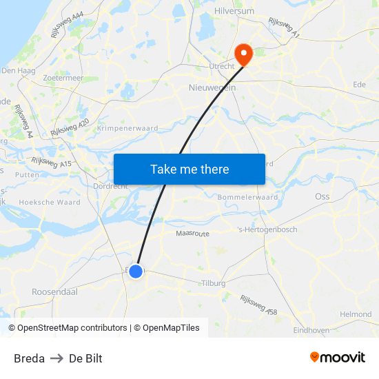 Breda to De Bilt map