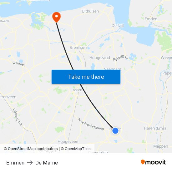 Emmen to De Marne map