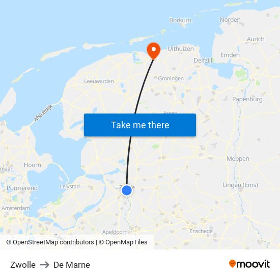 Zwolle to De Marne map