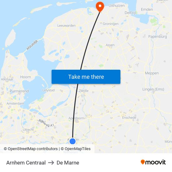 Arnhem Centraal to De Marne map