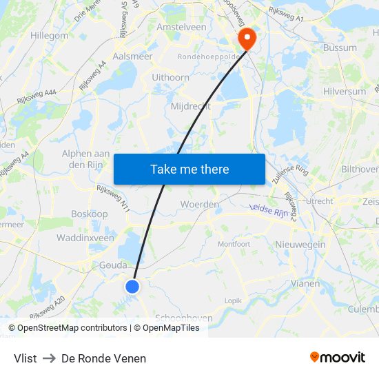 Vlist to De Ronde Venen map