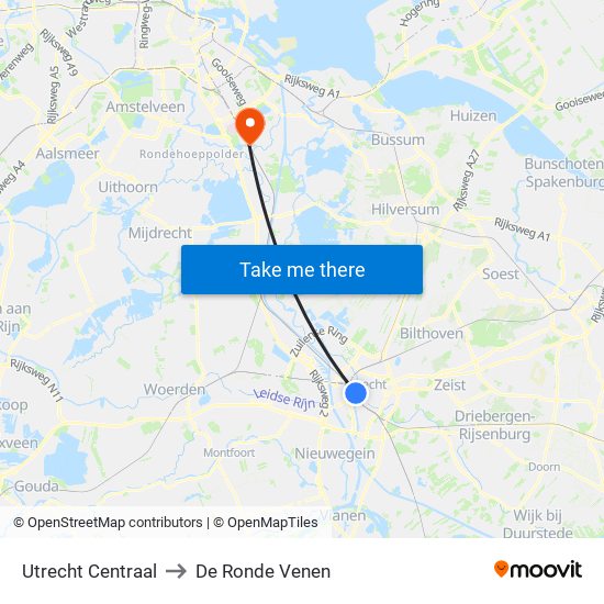 Utrecht Centraal to De Ronde Venen map