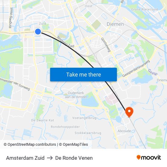 Amsterdam Zuid to De Ronde Venen map