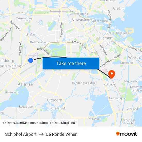 Schiphol Airport to De Ronde Venen map