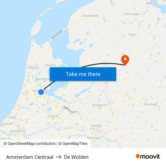 Amsterdam Centraal to De Wolden map