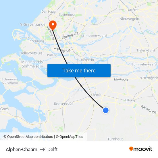 Alphen-Chaam to Delft map