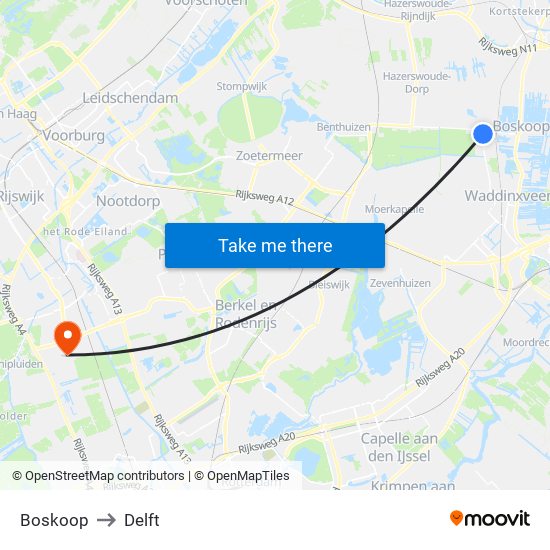 Boskoop to Delft map