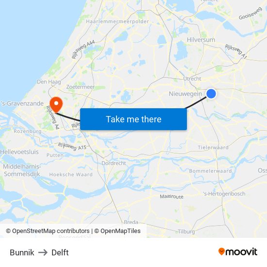Bunnik to Delft map