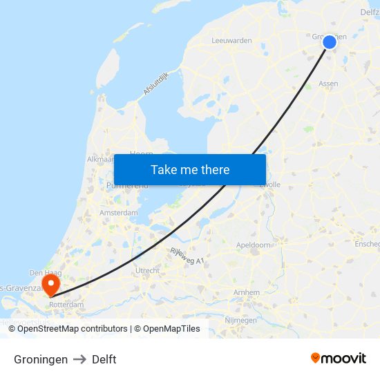 Groningen to Delft map