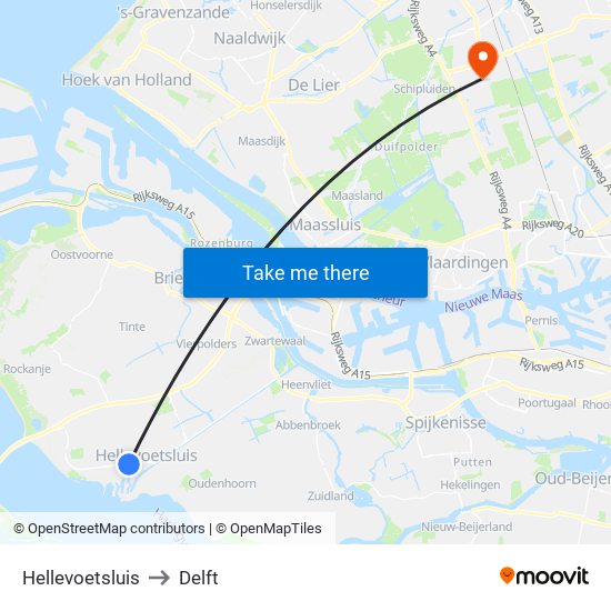 Hellevoetsluis to Delft map