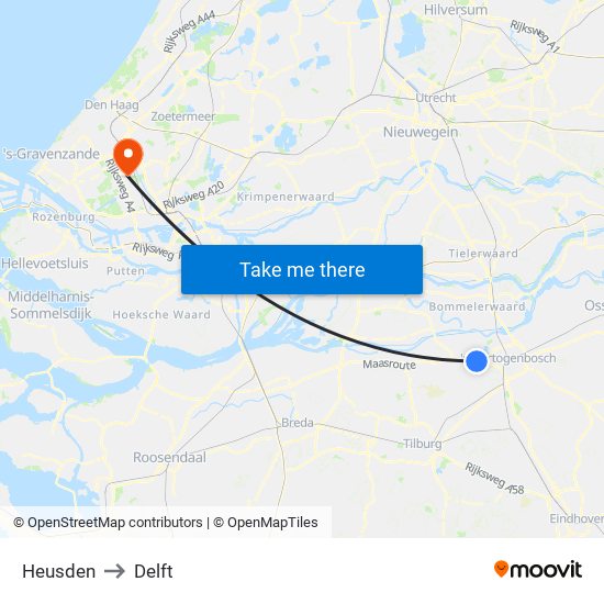 Heusden to Delft map