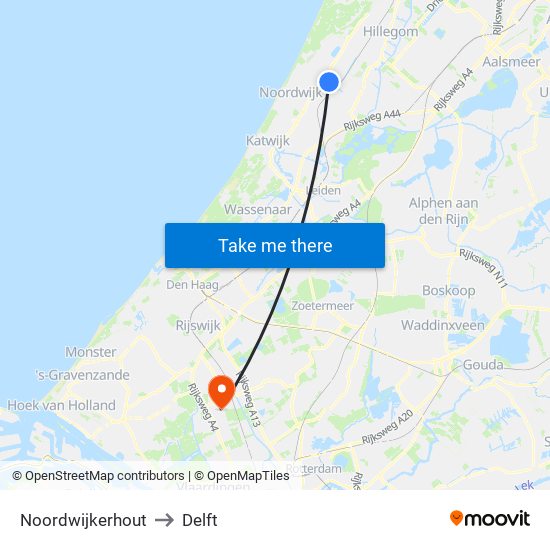 Noordwijkerhout to Delft map