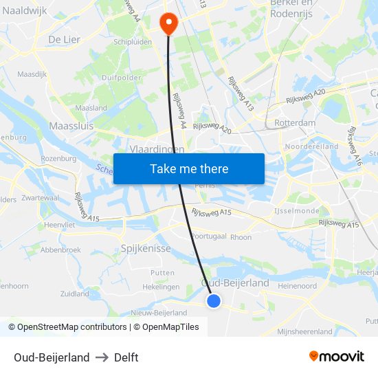 Oud-Beijerland to Delft map