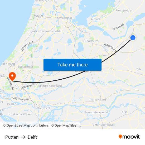 Putten to Delft map