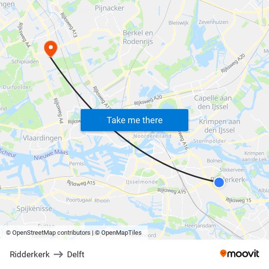 Ridderkerk to Delft map