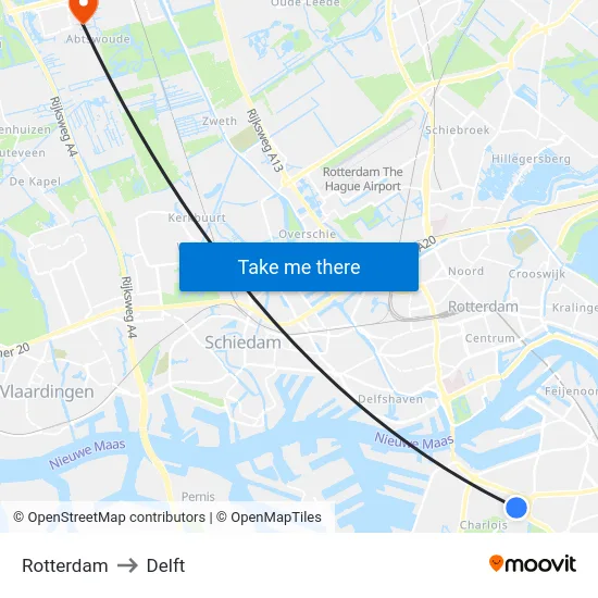 Rotterdam to Delft map