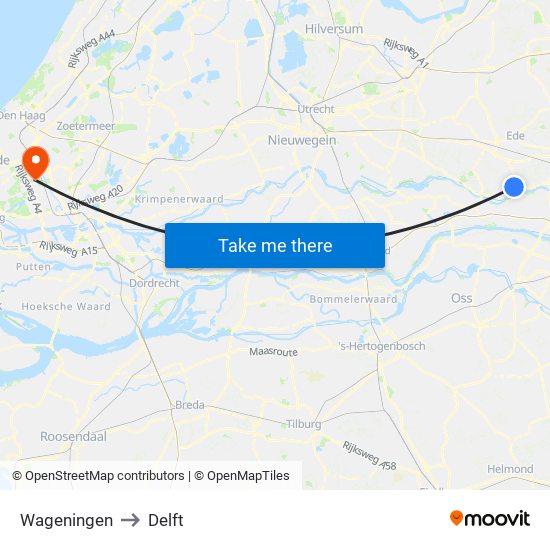 Wageningen to Delft map