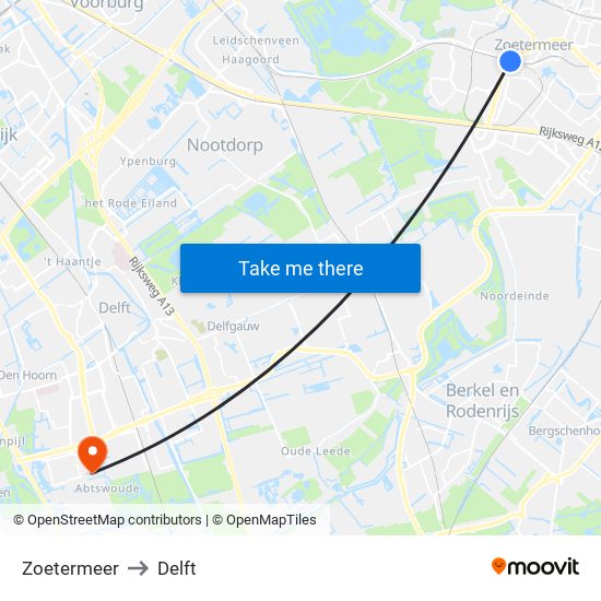 Zoetermeer to Delft map