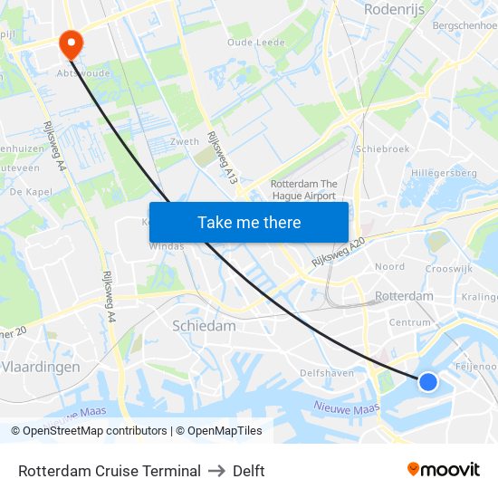 Rotterdam Cruise Terminal to Delft map