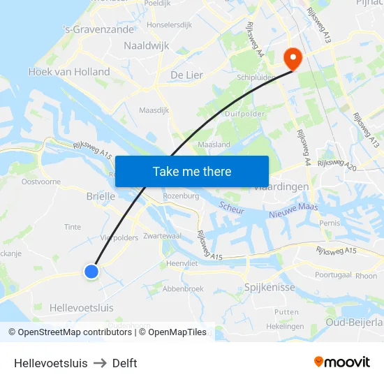 Hellevoetsluis to Delft map